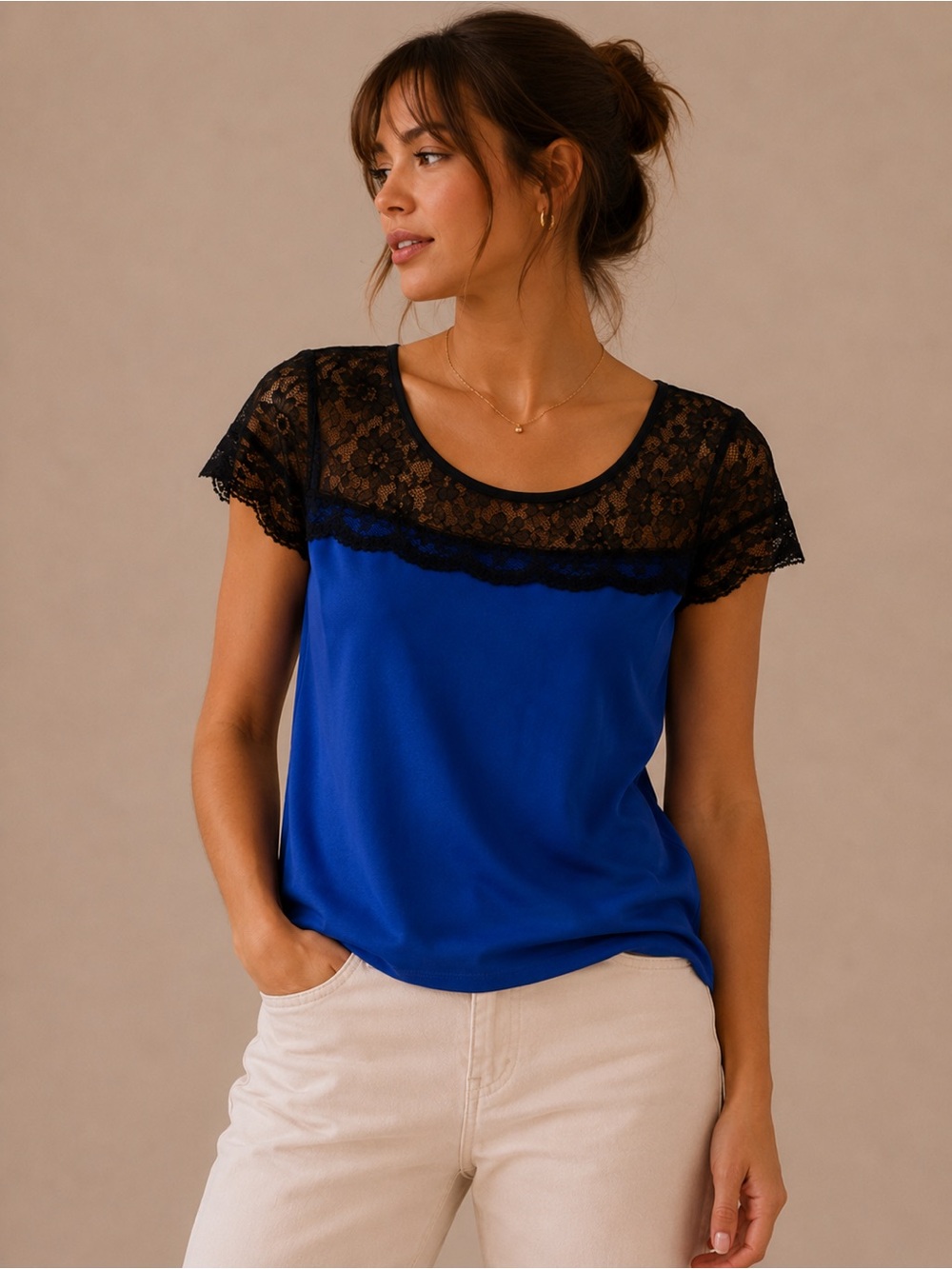 Express Royal Colbolt Blue Short Sleeve Top with Black Lace Yoke Size XS